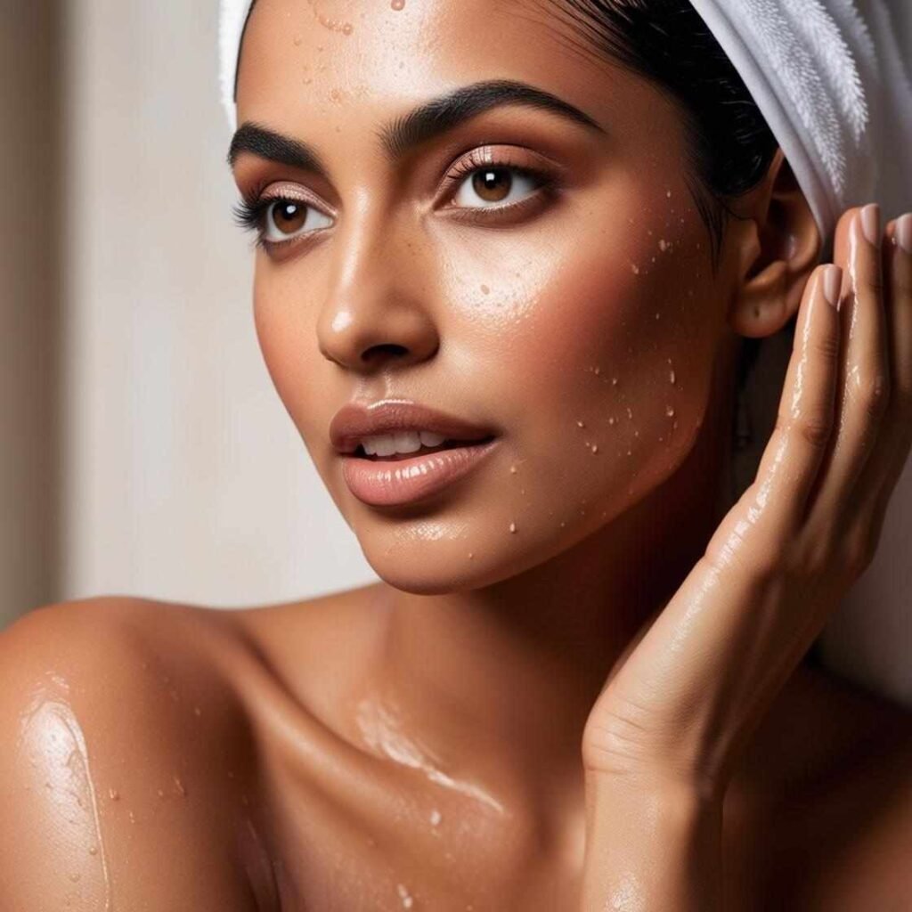 a woman with a towel on her head