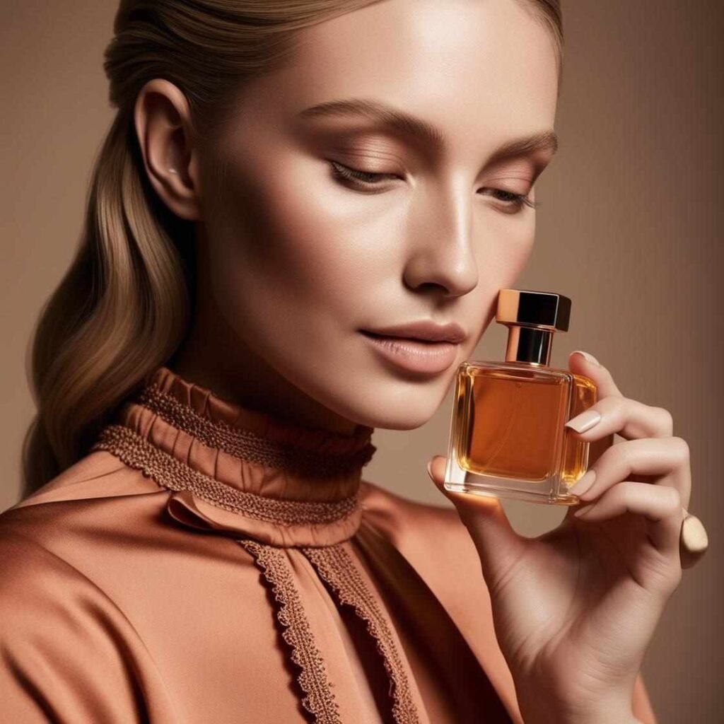 a woman holding a bottle of perfume