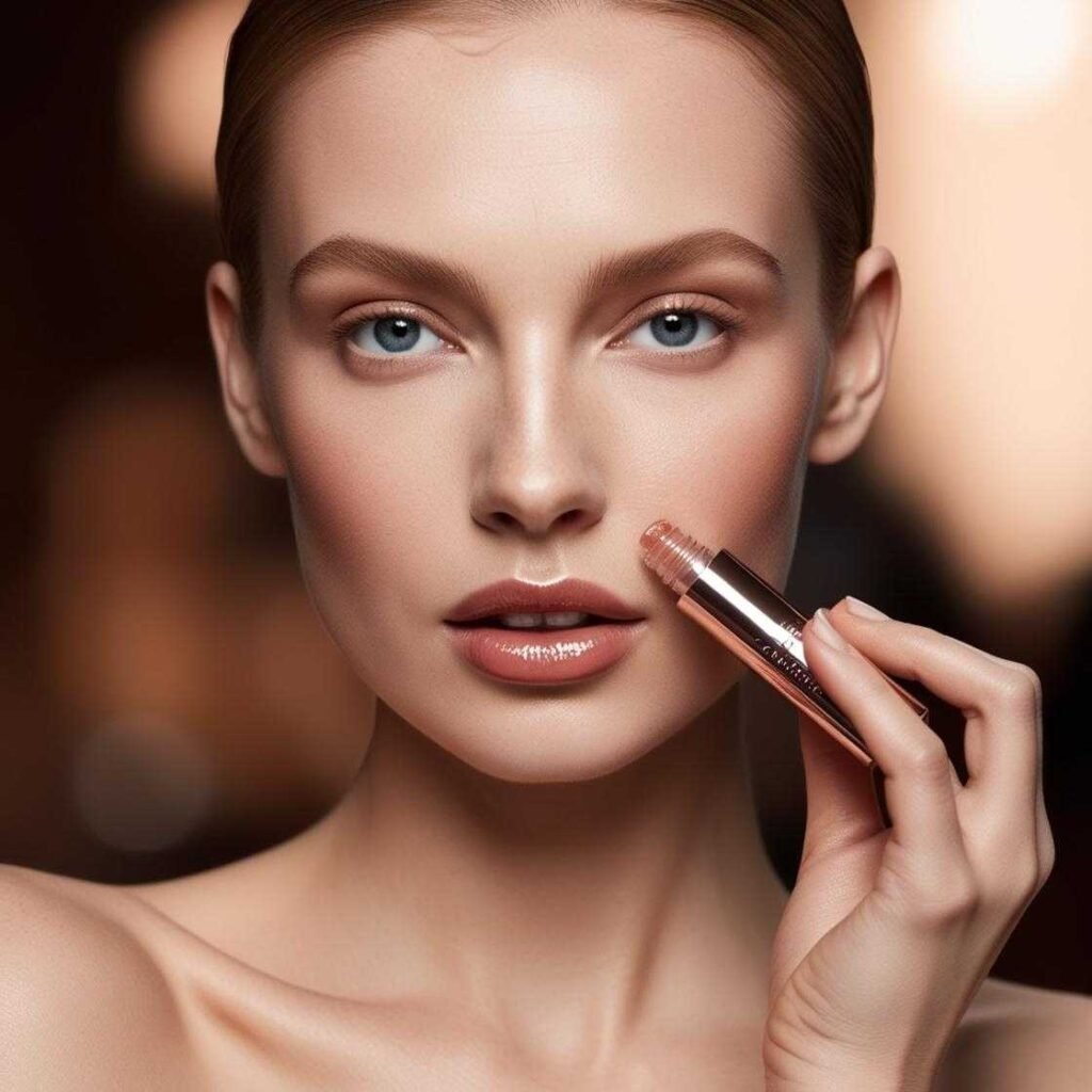 a woman holding a tube of lipstick