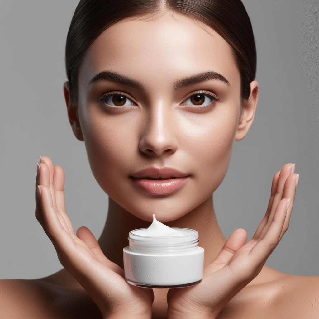 a woman holding a jar of cream